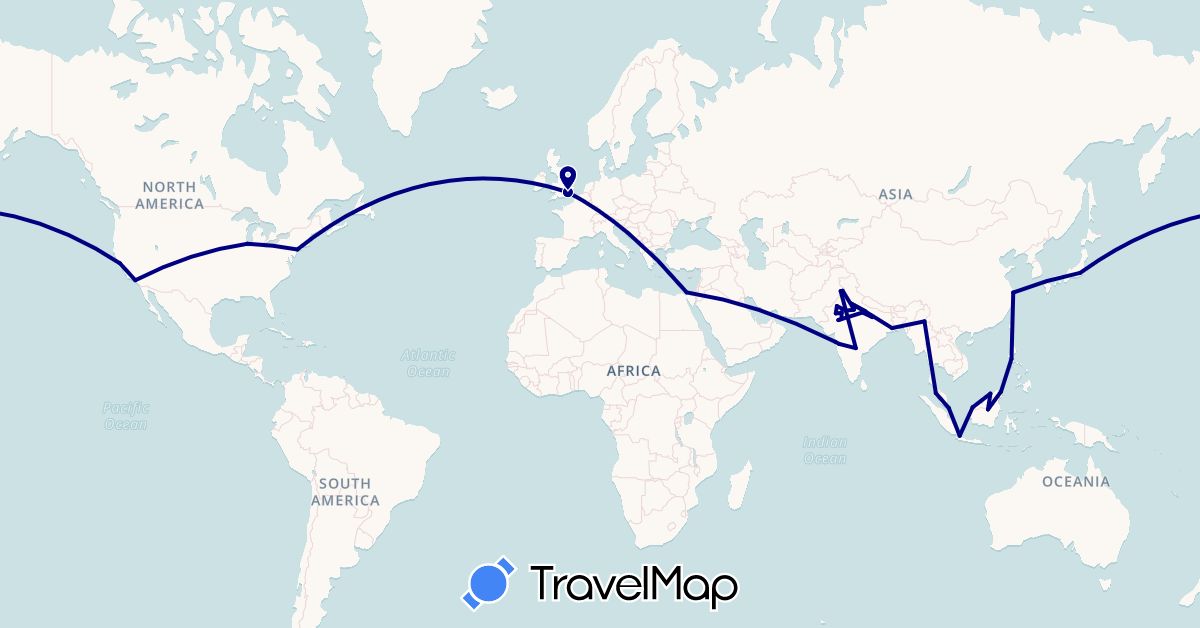 TravelMap itinerary: driving in China, Egypt, United Kingdom, Indonesia, India, Japan, Myanmar (Burma), Malaysia, Philippines, Pakistan, Singapore, United States (Africa, Asia, Europe, North America)